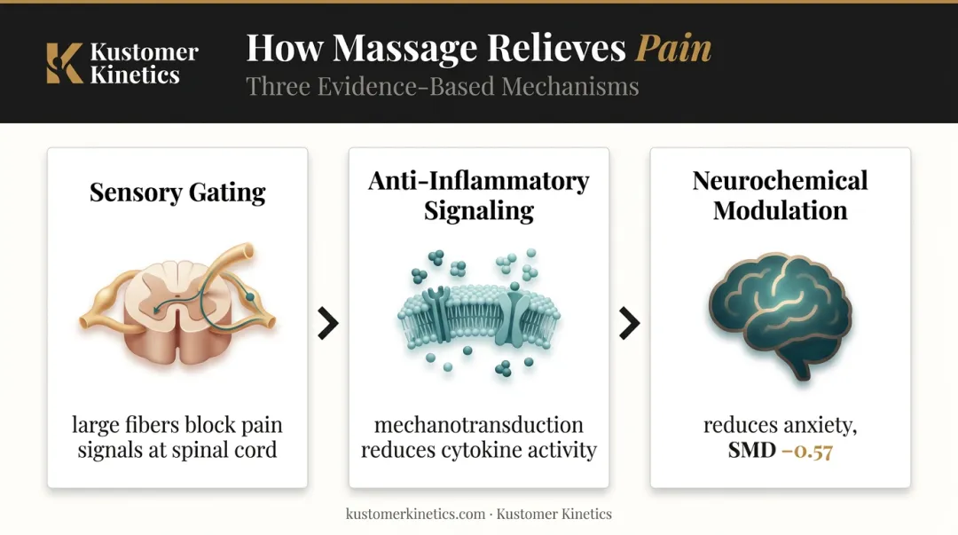 Three mechanisms of massage therapy pain relief science infographic