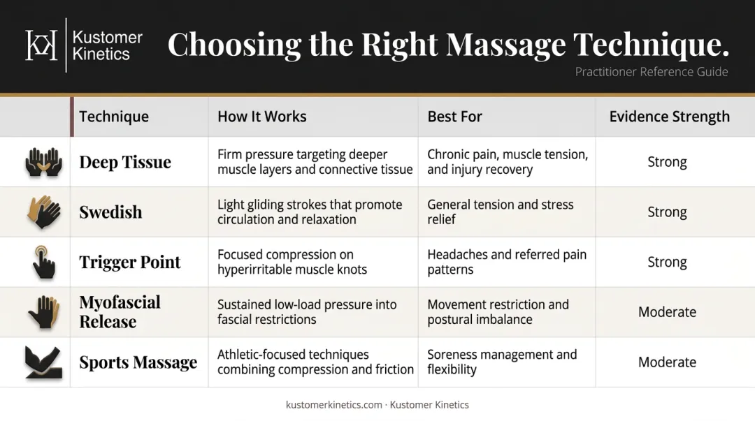 Five massage therapy types comparison chart for pain conditions and best uses