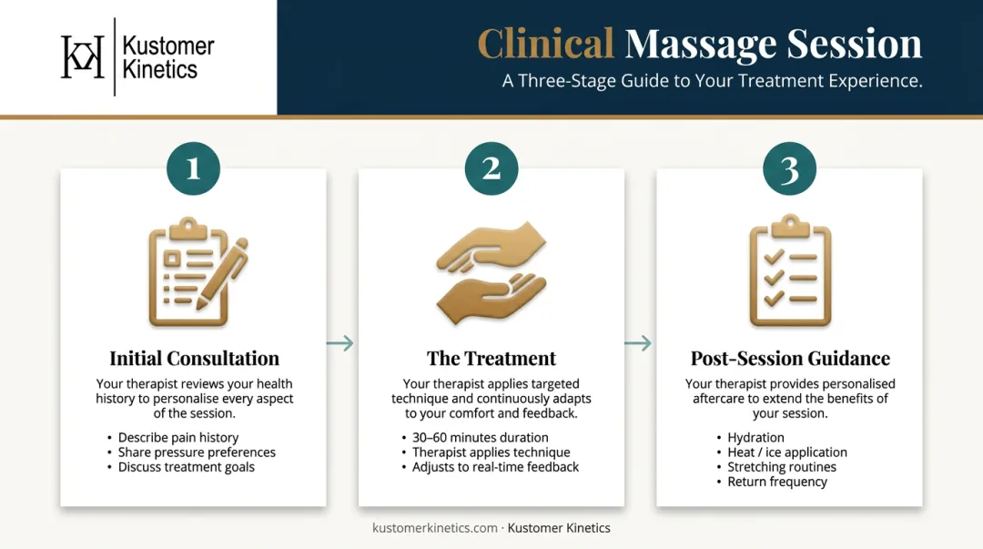 Three-step clinical massage therapy session process from consultation to post-session guidance