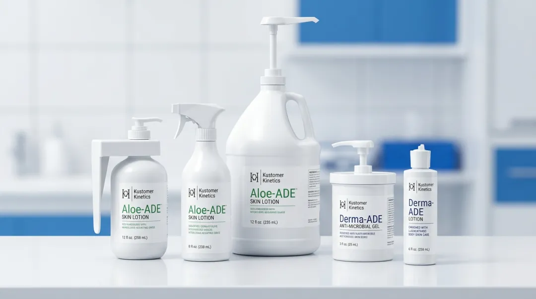 Kustomer Kinetics Aloe-ADE professional clinical skin care product line formats