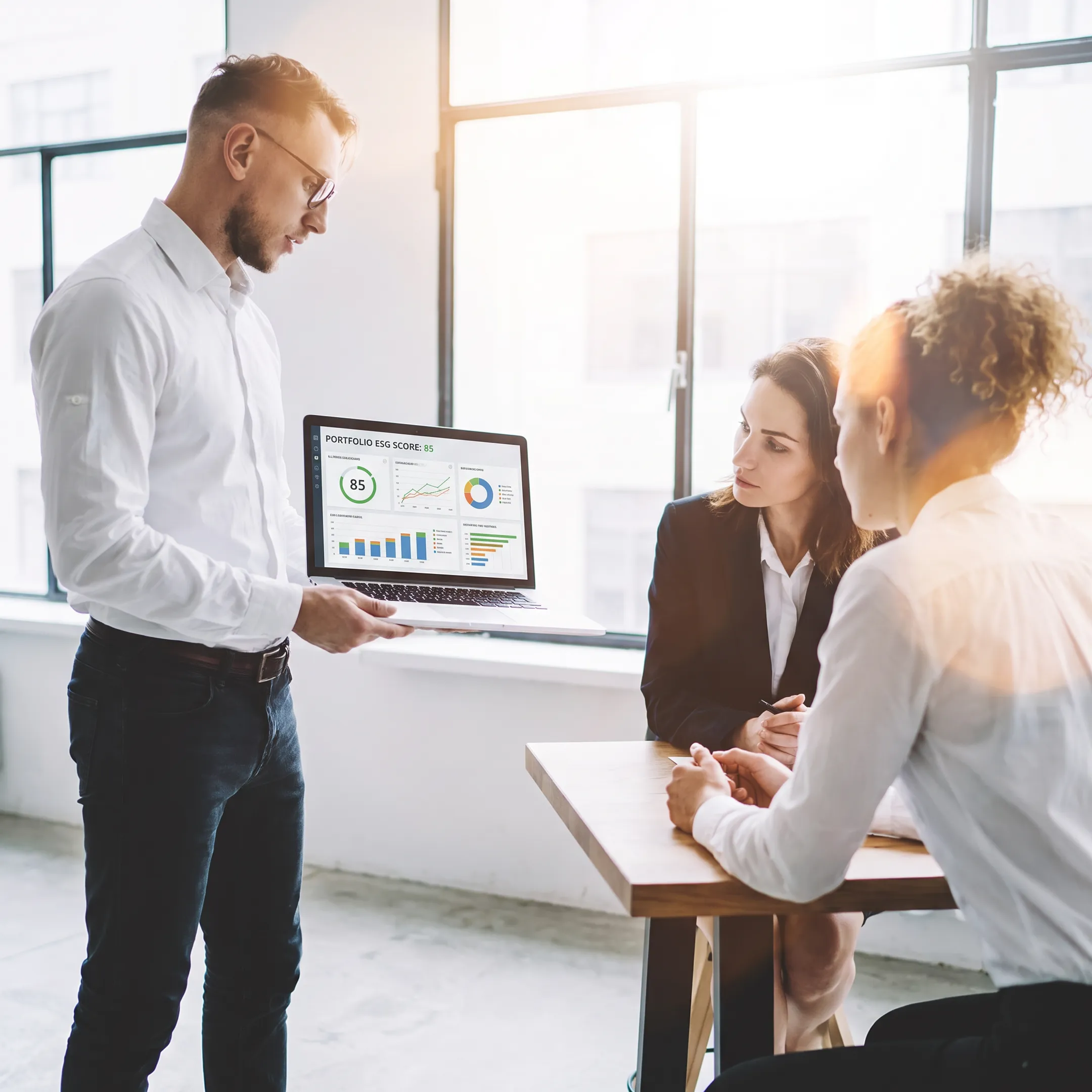 Advisor presenting responsible investment portfolio analysis