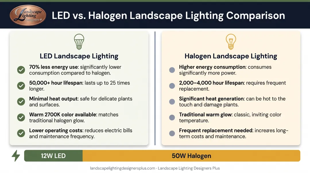 LED versus halogen landscape lighting comparison showing energy efficiency lifespan and performance differences