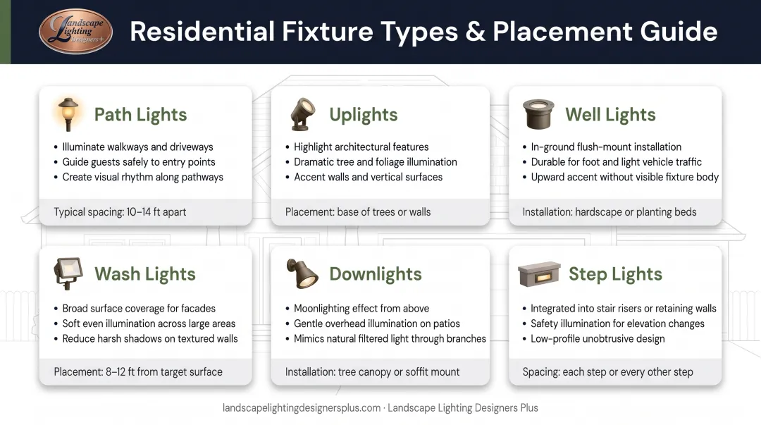 Six landscape lighting fixture types with placement guidelines and best use applications