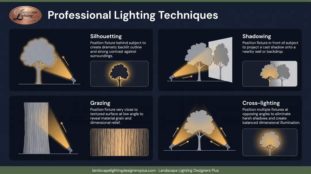 Four professional landscape lighting techniques silhouetting shadowing grazing and cross-lighting illustrated