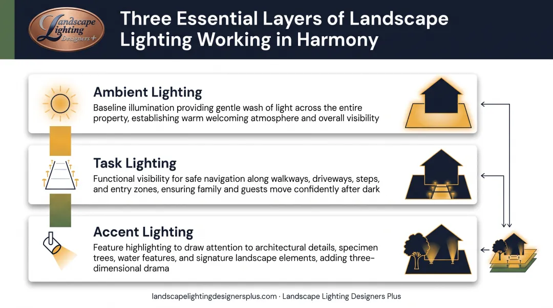 Three-layer landscape lighting system showing ambient task and accent lighting working together