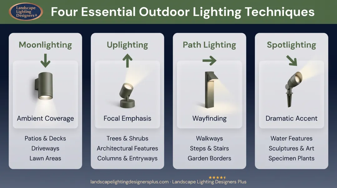Four-layer outdoor lighting technique comparison showing moonlighting uplighting path lighting and spotlighting applications