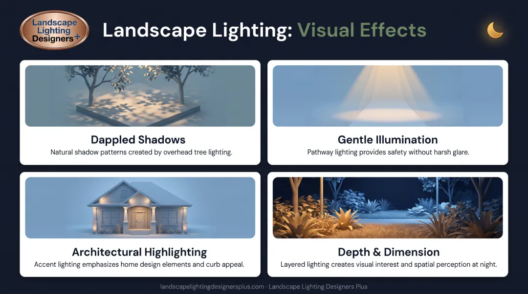 Four key moonlighting visual effects diagram showing dappled shadows gentle illumination architectural highlighting and landscape depth