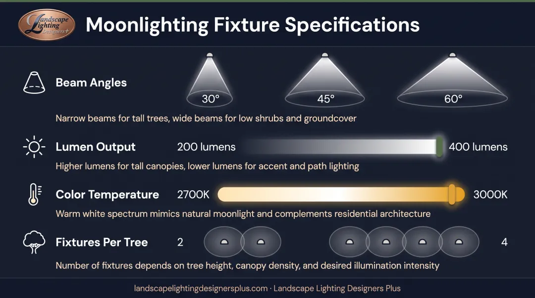 Moonlighting fixture specifications comparison chart showing beam angles lumens color temperature and coverage patterns