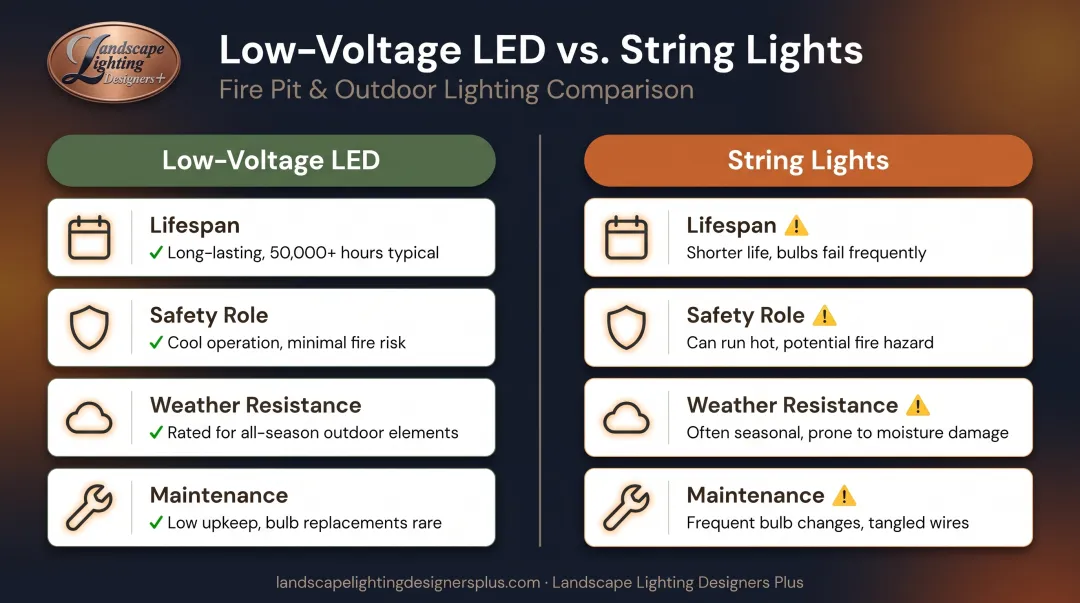 Low-voltage LED versus string lights comparison chart for fire pits