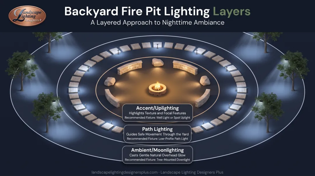 Fire pit layered lighting zones showing path accent and ambient fixtures