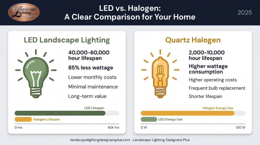 LED versus halogen landscape lighting comparison showing lifespan energy savings and cost differences