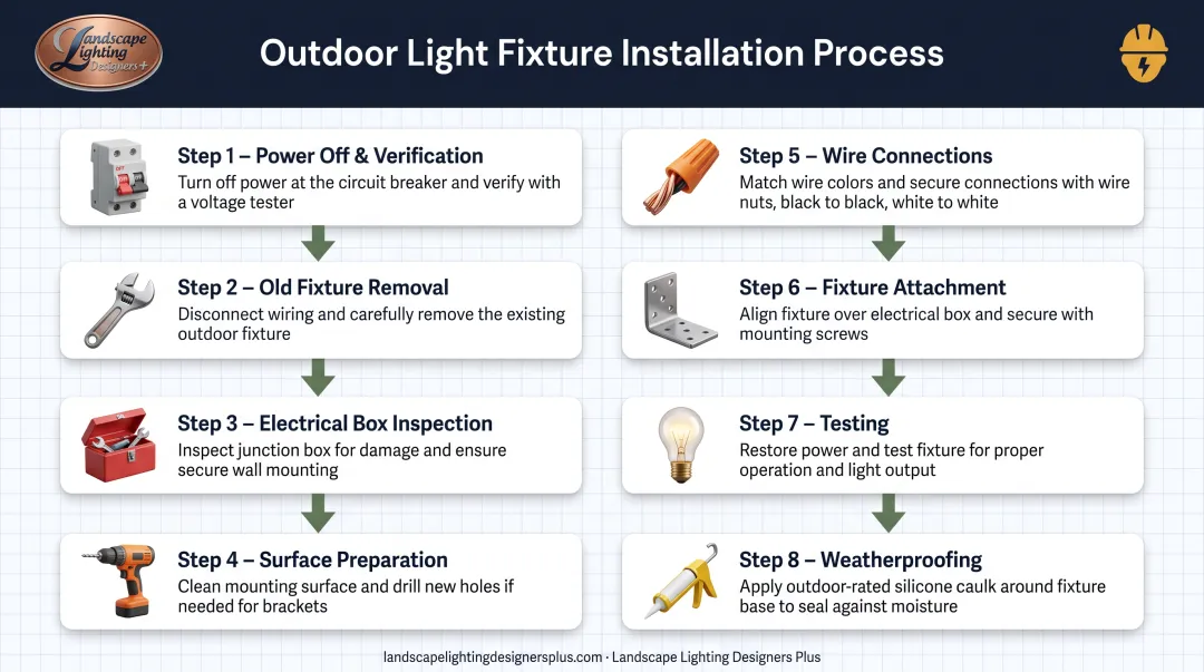 8-step outdoor light fixture installation process from power verification to weatherproofing
