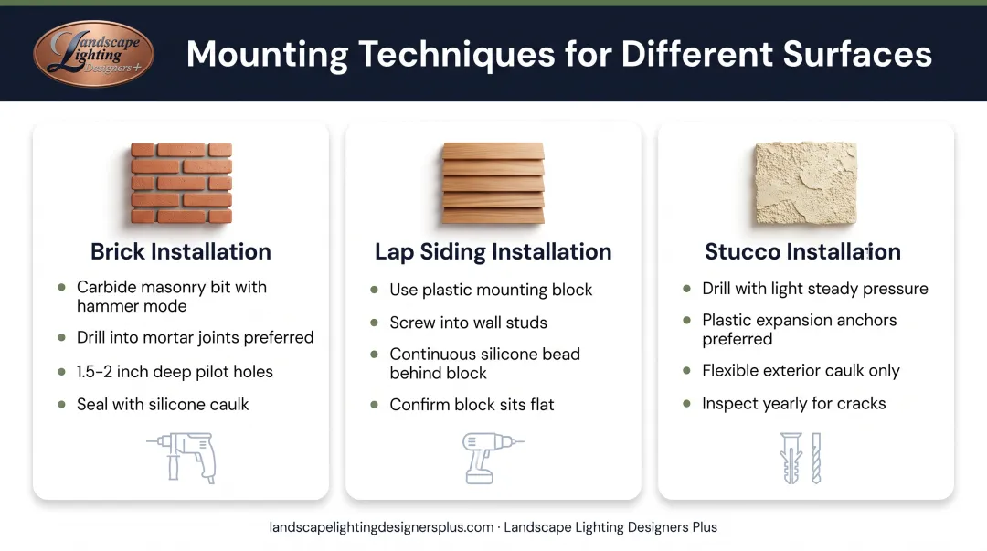 Surface-specific outdoor fixture mounting techniques comparison for brick siding and stucco