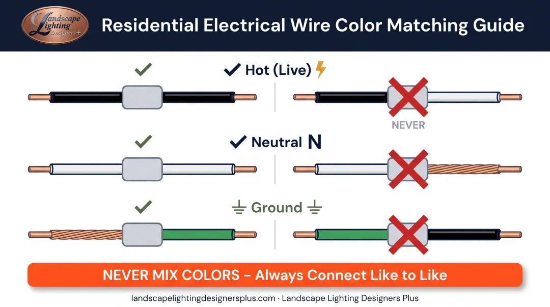 Wire connection color code diagram showing hot neutral and ground conductor matching