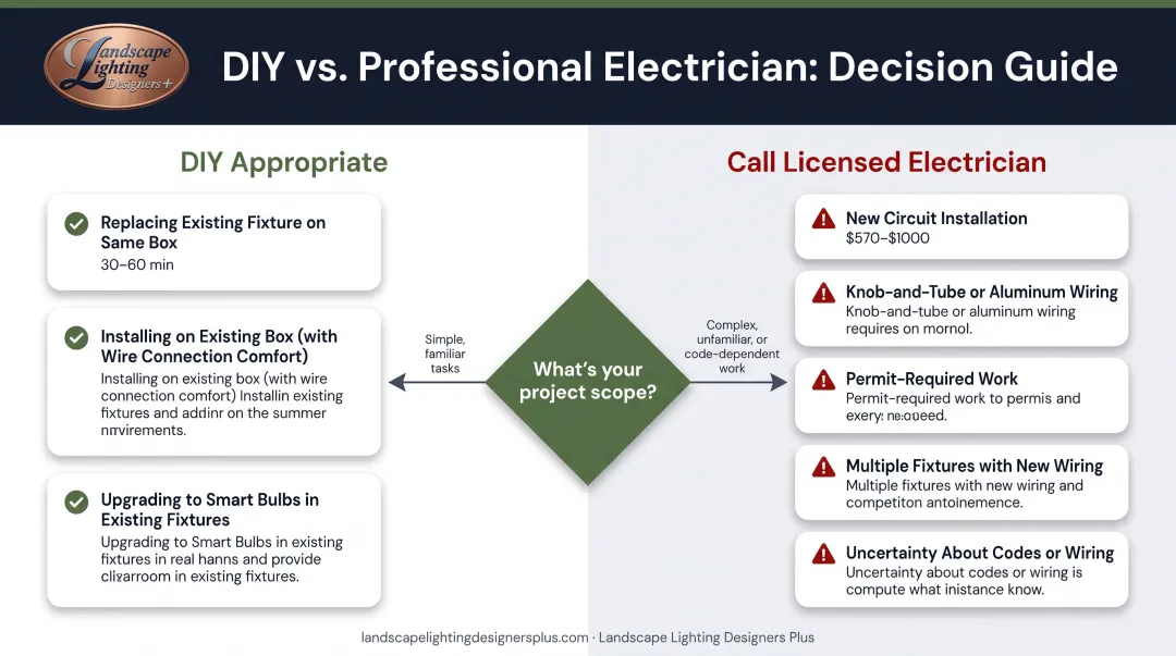 DIY versus professional electrician decision flowchart for outdoor light installation