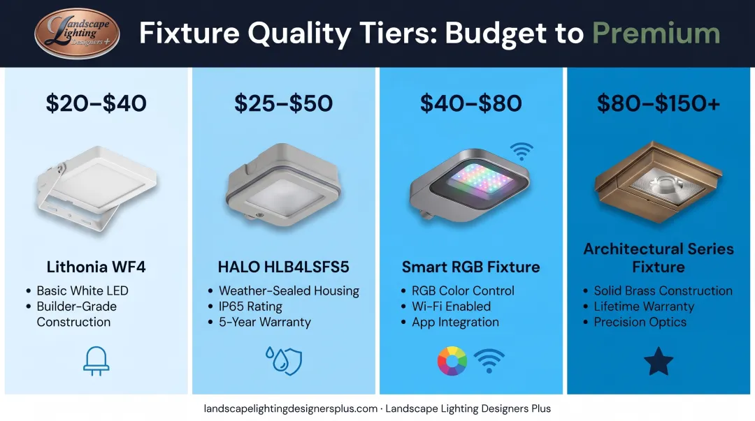 Soffit lighting fixture cost comparison chart across four quality tiers from budget to premium