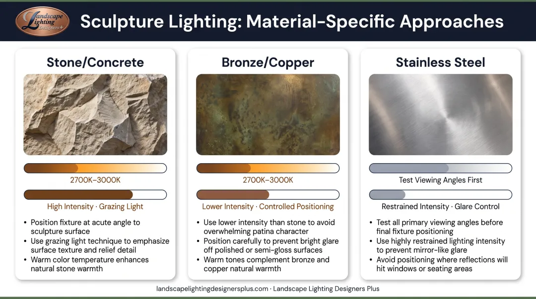 Material-specific sculpture lighting guide comparing stone bronze and stainless steel techniques