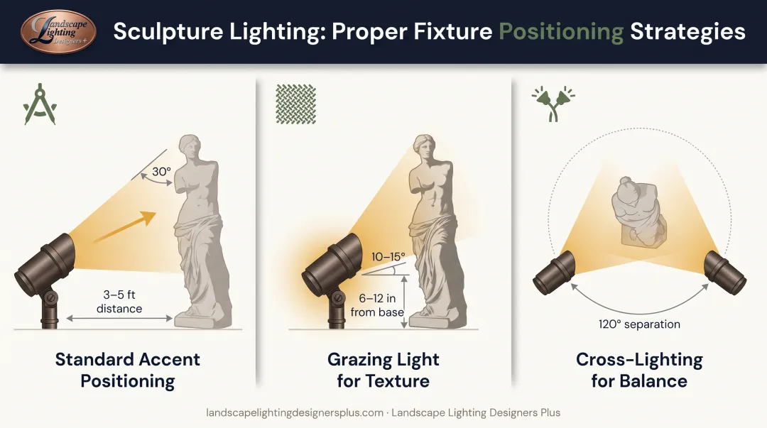 Sculpture lighting positioning diagram showing fixture placement angles distances and beam spread options
