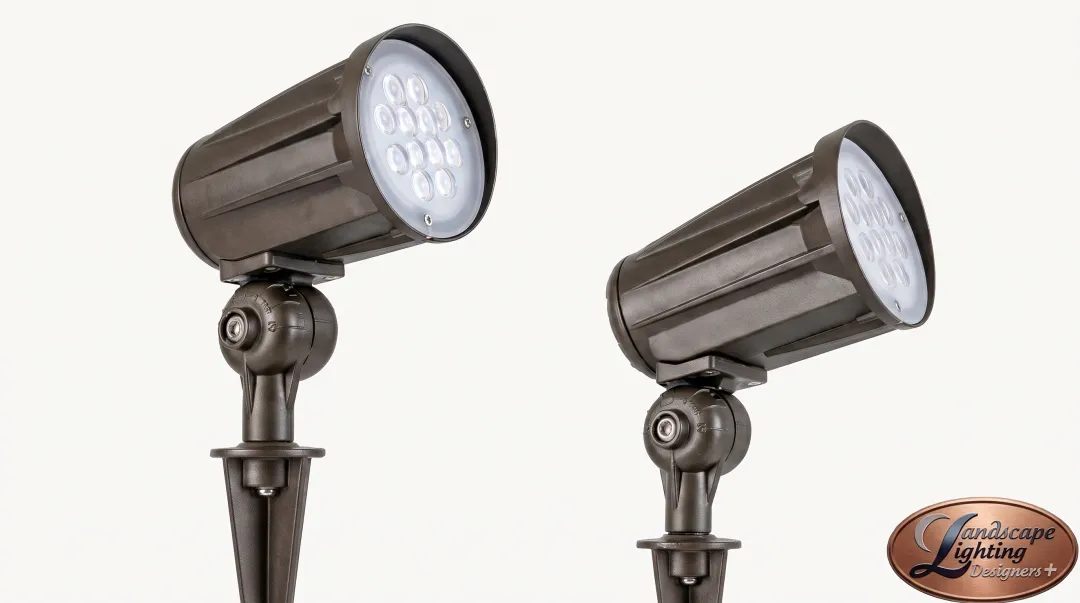 Low-voltage LED bullet light fixture with adjustable beam angle mounted on landscape stake