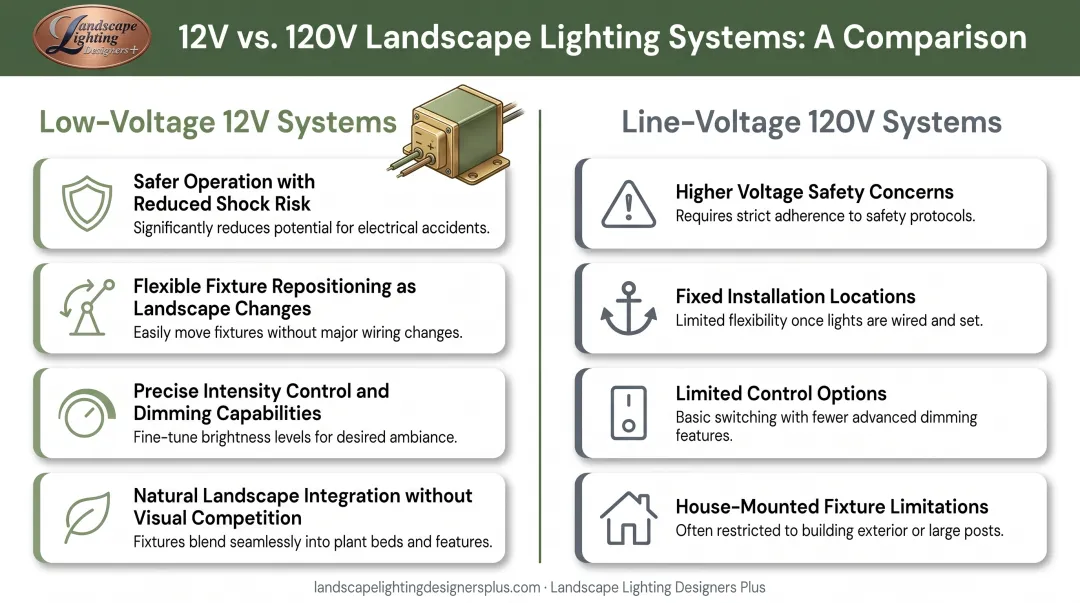 Low-voltage 12V versus line-voltage 120V landscape lighting system comparison infographic