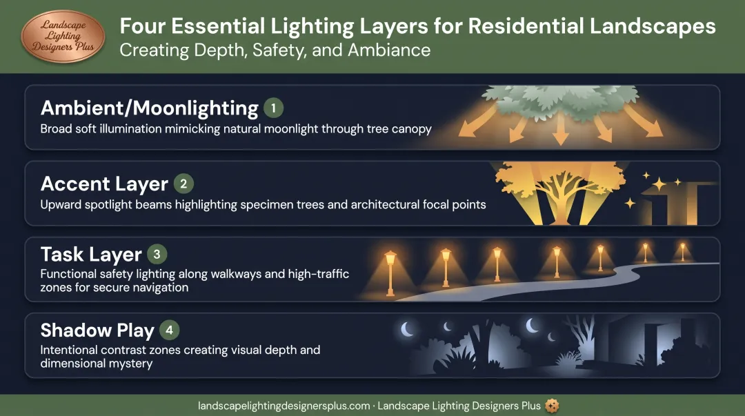 Four-layer landscape atmospheric lighting system diagram with ambient task accent and shadow zones