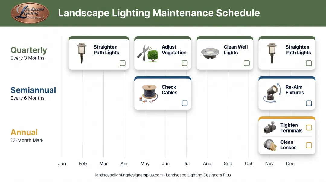 Landscape lighting maintenance schedule showing quarterly semiannual and annual tasks timeline