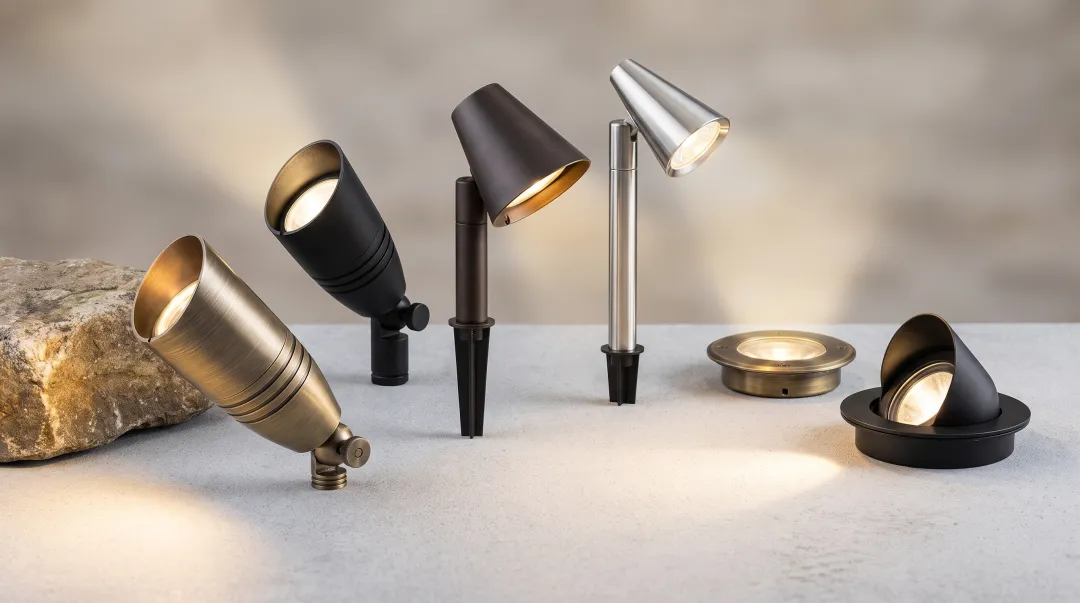 Assortment of low-voltage landscape lighting fixtures showing uplights path lights and well lights