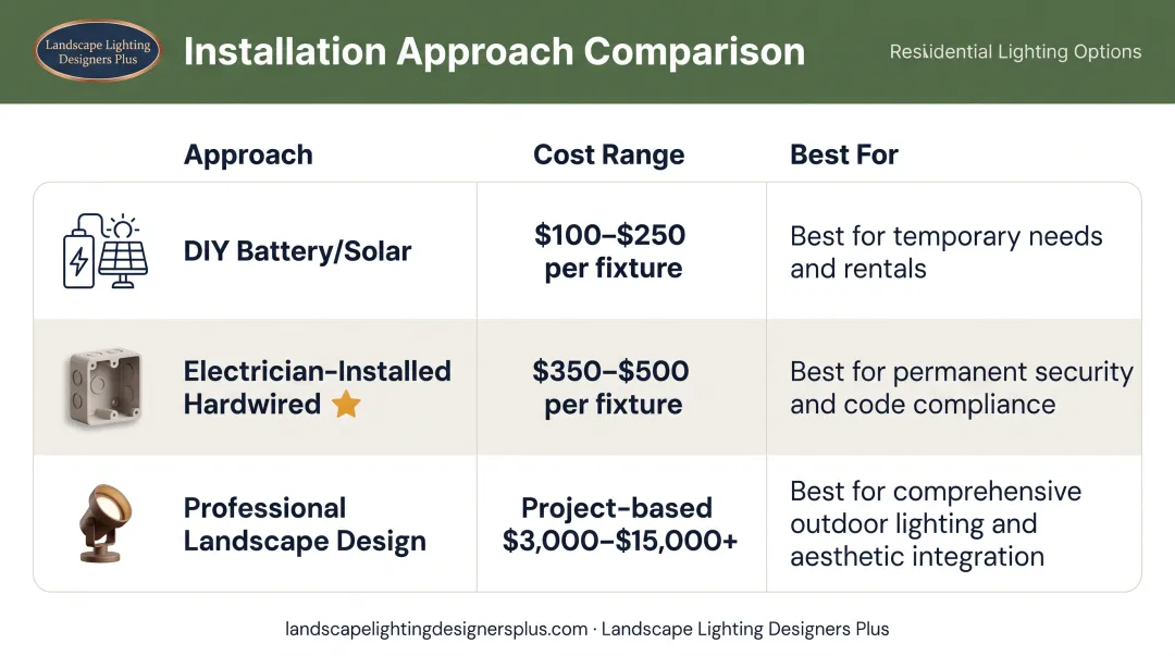 Motion sensor light installation approach cost comparison table with three budget tiers