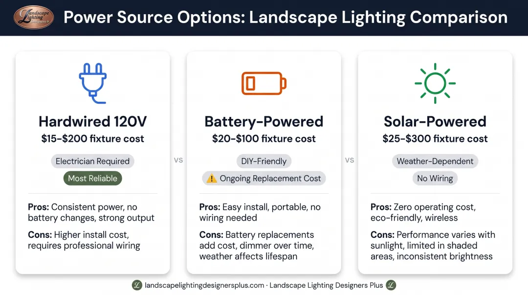 Motion sensor light power source comparison showing hardwired battery and solar options