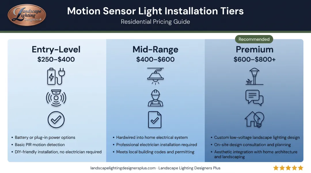 Three-tier motion sensor light installation cost breakdown from entry-level to premium systems