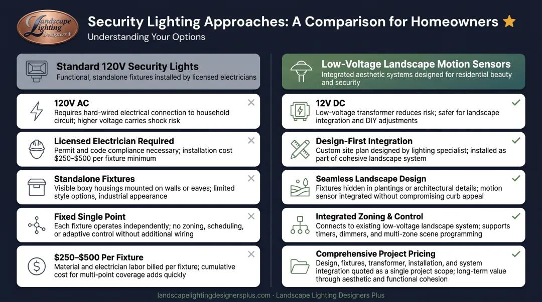 Standard security lights versus low-voltage landscape motion sensors side-by-side comparison