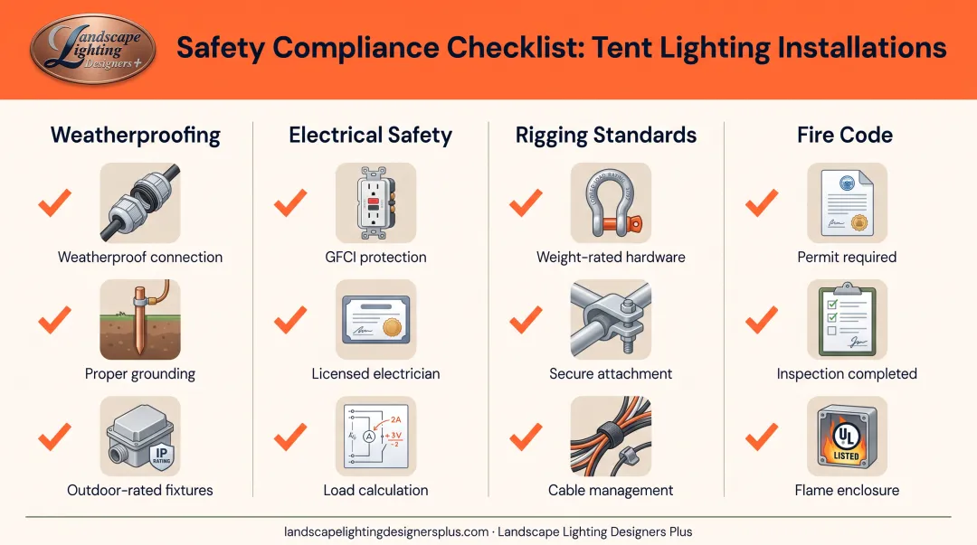 Wedding tent lighting safety checklist covering weatherproofing electrical and fire code compliance
