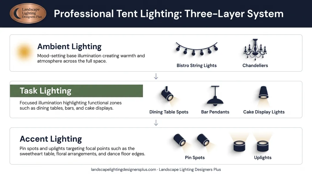 Three-layer wedding tent lighting strategy showing ambient task and accent lighting hierarchy