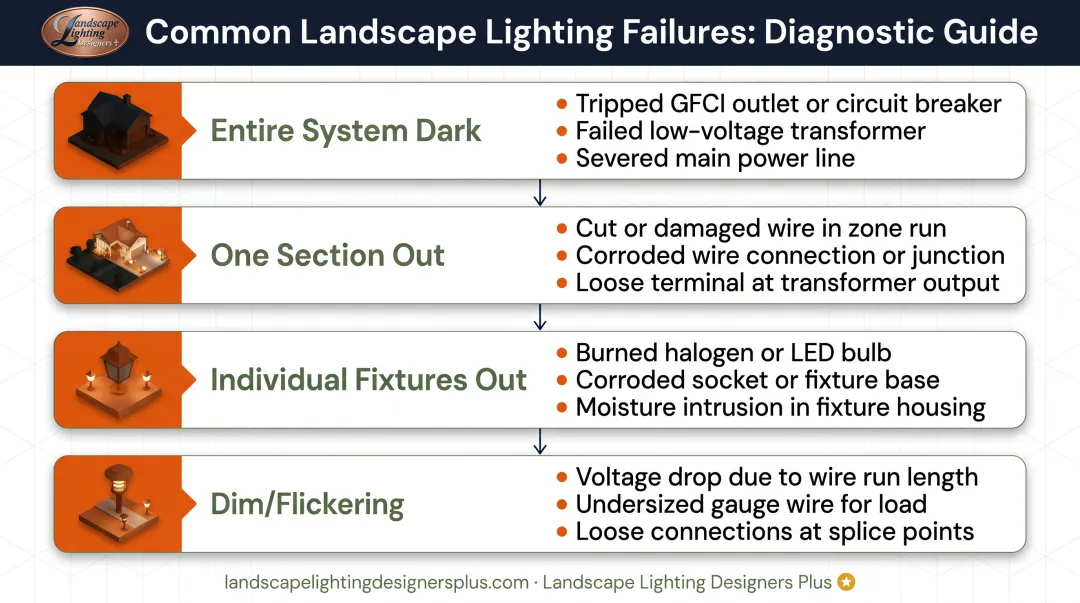 Common landscape lighting failure patterns diagnostic flowchart with four main categories