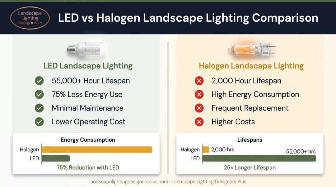 LED versus halogen landscape lighting comparison showing efficiency lifespan and maintenance differences