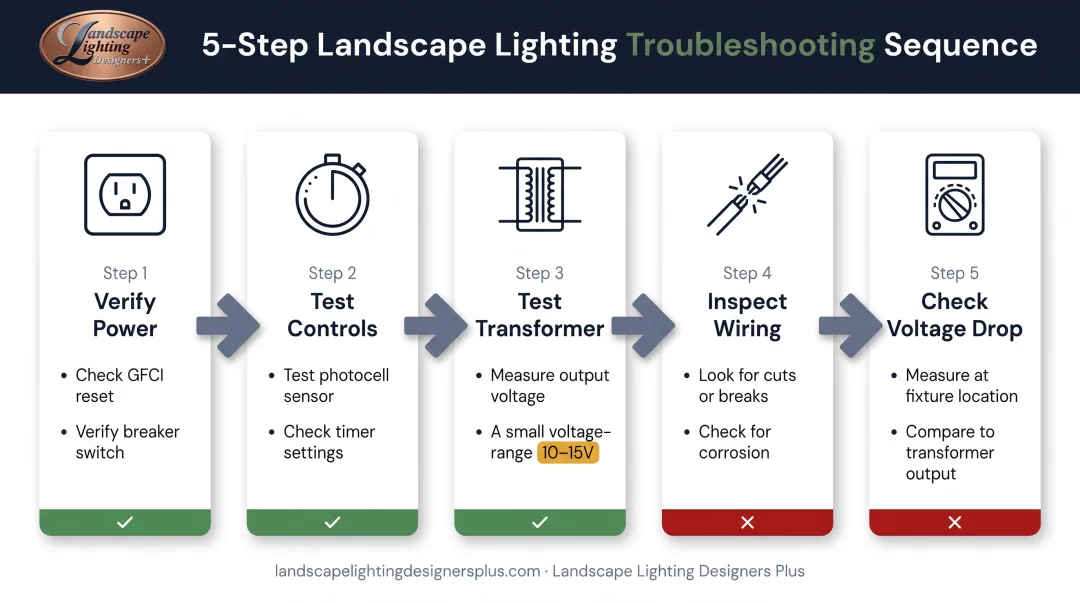 5-step landscape lighting troubleshooting workflow from power verification to voltage testing