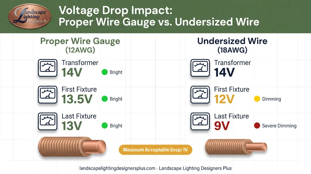 Voltage drop comparison showing proper versus undersized wire gauge effects on fixture brightness