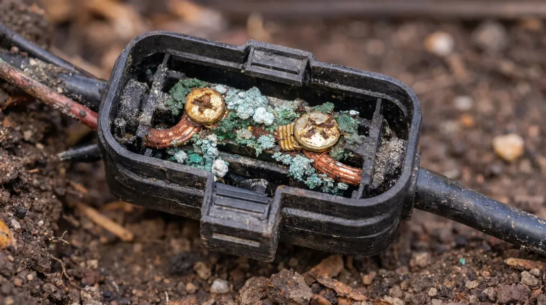Corroded landscape lighting wire connections showing green oxidation and damaged burial connectors
