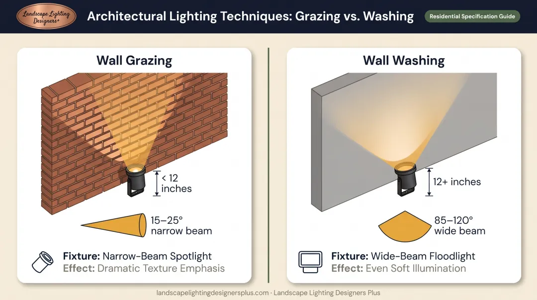 Wall grazing versus wall washing side-by-side comparison showing fixture placement and lighting effects