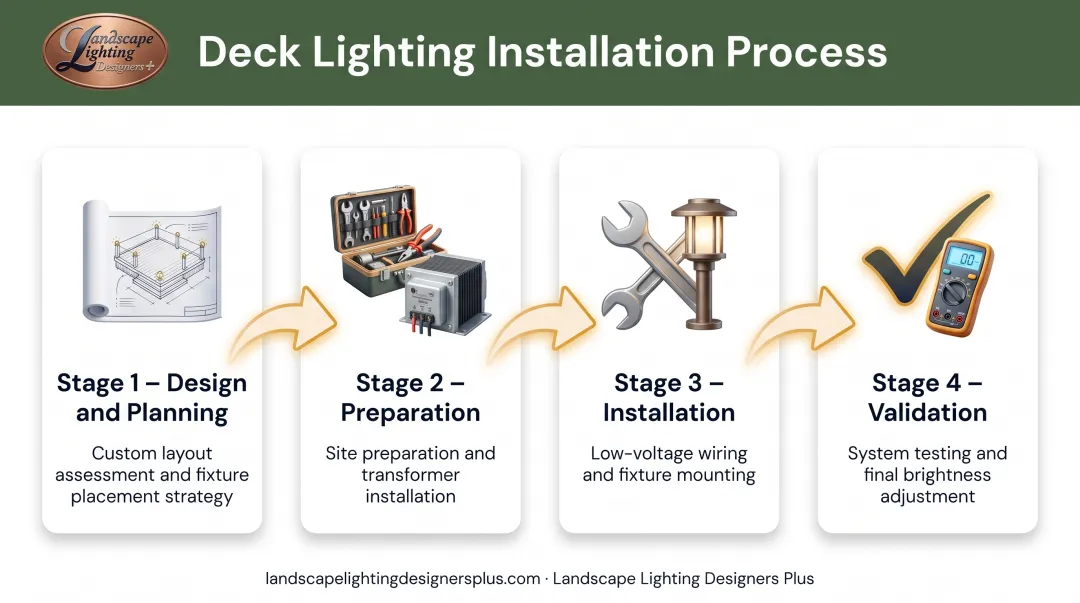 4-stage deck lighting installation process from design planning to validation testing