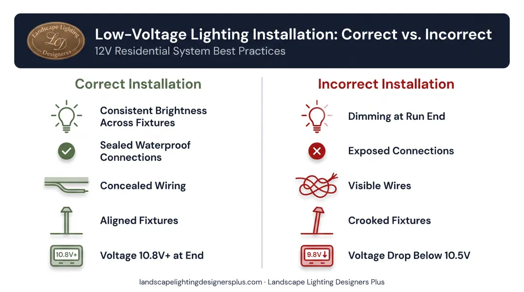 Correct versus incorrect deck lighting installation comparison showing brightness voltage and connection quality