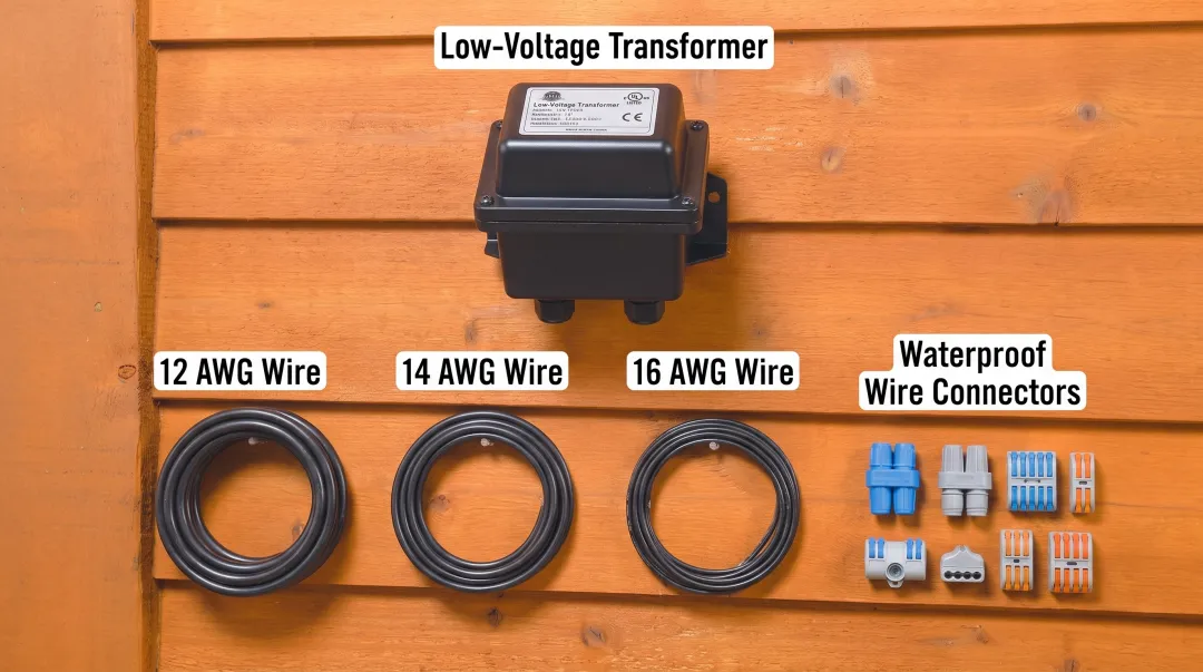 Low-voltage transformer with wire gauge specifications and waterproof connectors for deck lighting