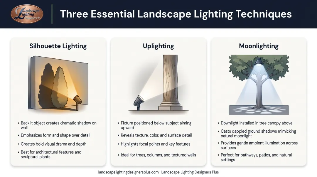 Silhouette lighting versus uplighting versus moonlighting comparison chart showing techniques and effects