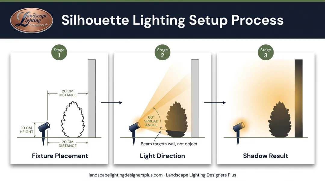 3-step silhouette lighting technical setup process from fixture placement to shadow creation