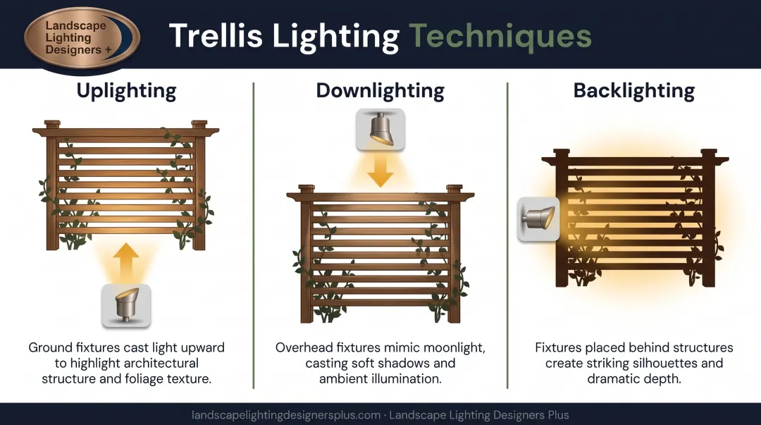 Three trellis lighting techniques comparison showing uplighting downlighting and backlighting effects