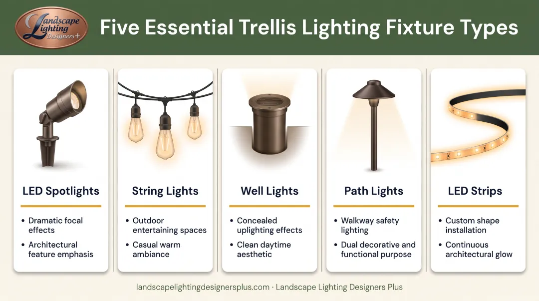 Five trellis lighting fixture types with icons and best use applications