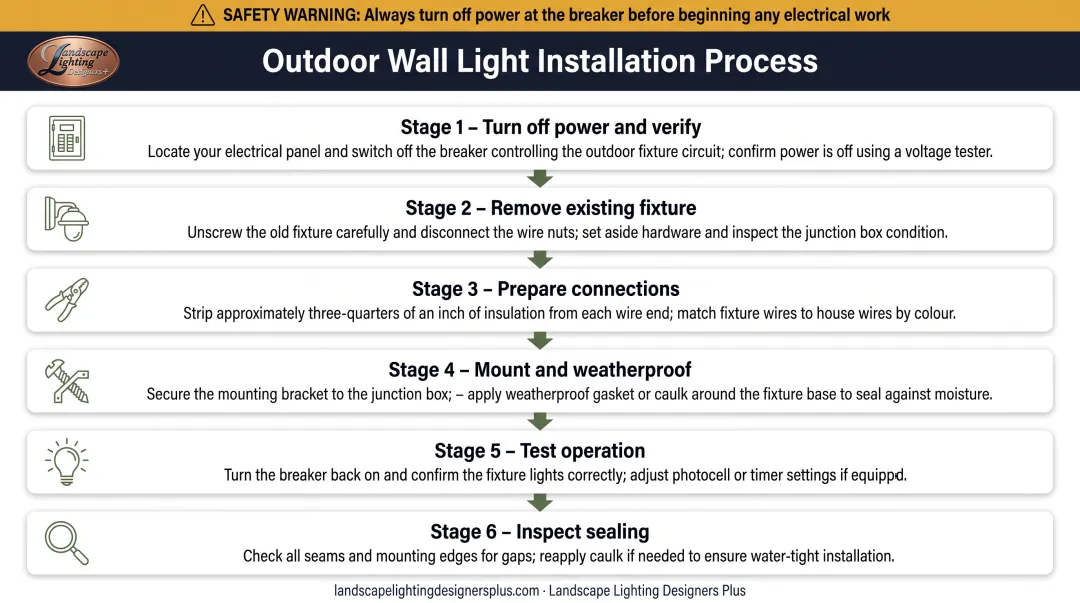 6-step outdoor wall light installation process from power cutoff to final testing