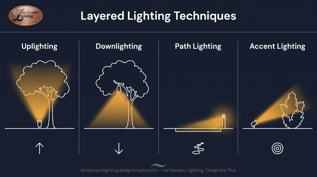 Four layered landscape lighting techniques showing uplighting downlighting path and accent lighting