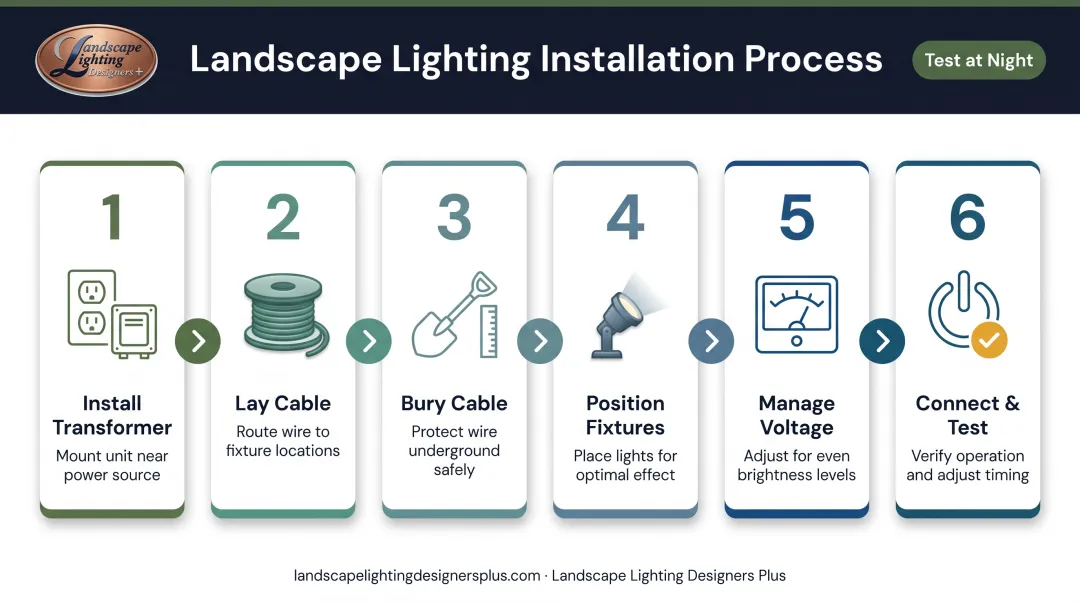 Six-step outdoor lighting installation process from transformer mounting to system testing