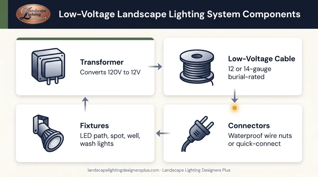 Four essential low-voltage landscape lighting system components with icons and descriptions